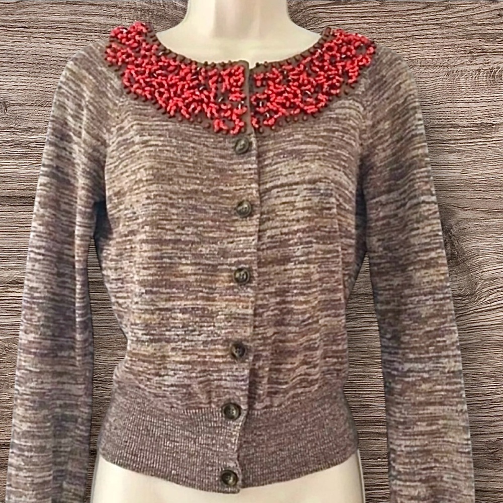Moth Anthropologie Red Beaded Collar Cardigan Artisan-Inspired Statement Knit XS
